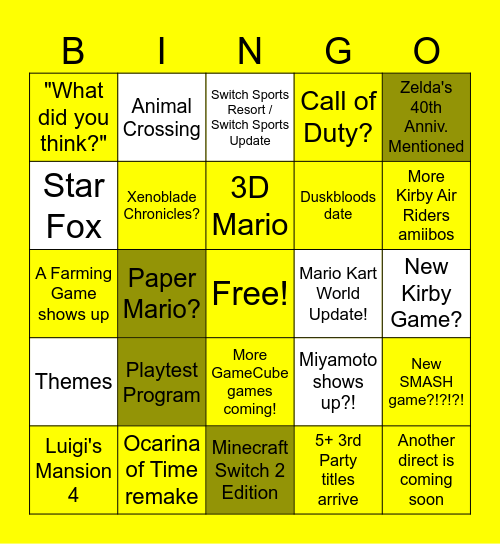 June 2026 Nintendo Direct Bingo Card