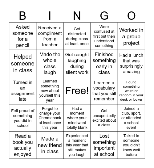 ELA Class - End of Year Bingo Card