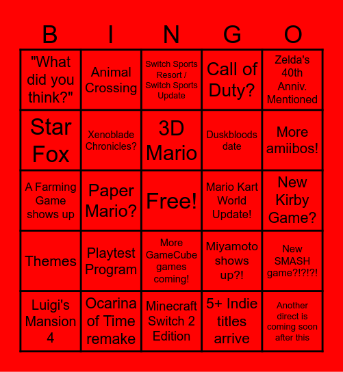 June 2026 Nintendo Direct Bingo Card