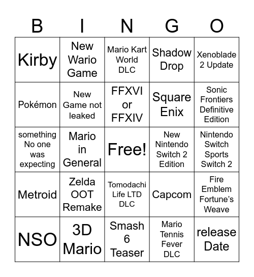 Nintendo Direct June 2026 Bingo Card