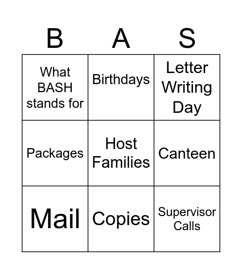 BASH Training 2026 Bingo Card