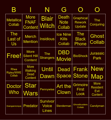 DBD 10th Anniversary Stream Bingo Card