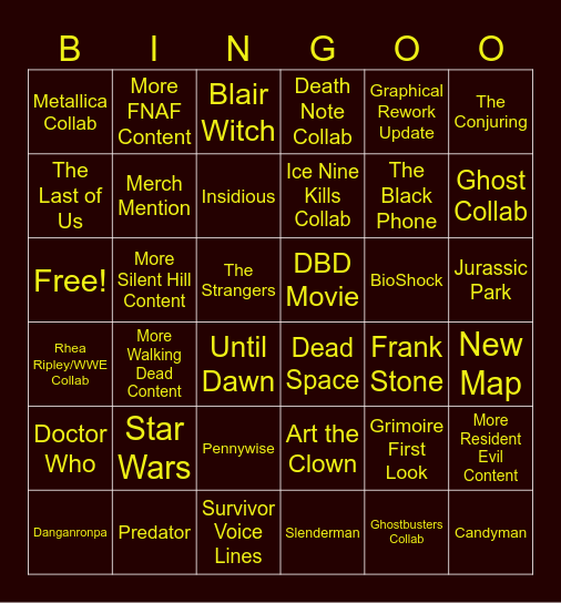 DBD 10th Anniversary Stream Bingo Card