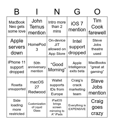 Apple WWDC 26 Bingo Card