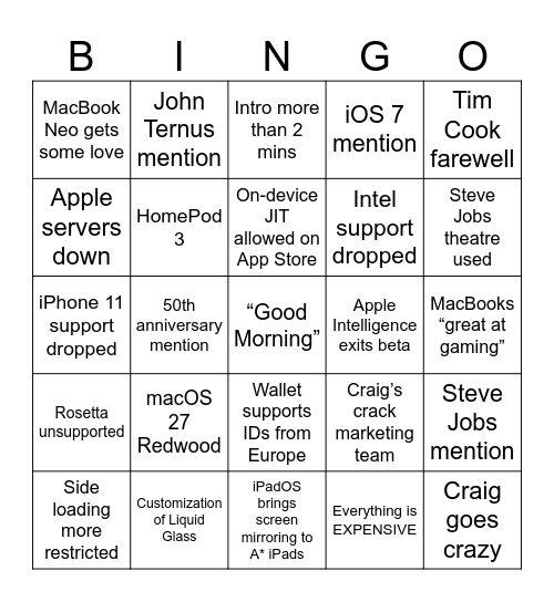 Apple WWDC 26 Bingo Card