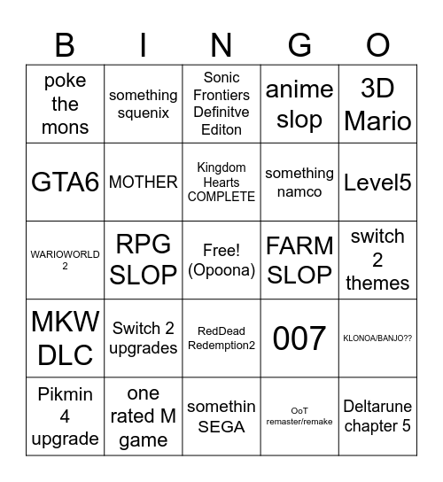 nintendo bingo bongo Bingo Card