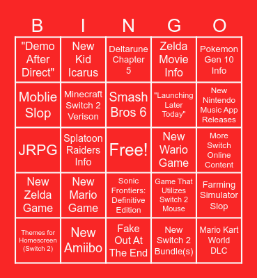 Nintendo Direct 6.9.2026 Bingo Card