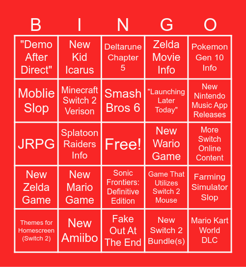 Nintendo Direct 6.9.2026 Bingo Card