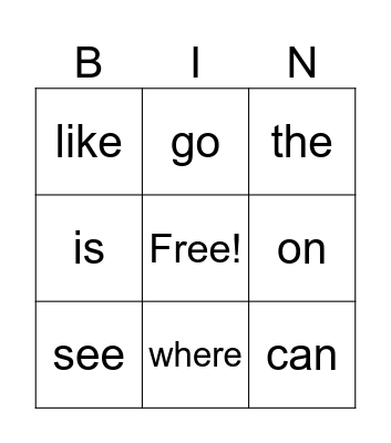 Sight Words Bingo Card
