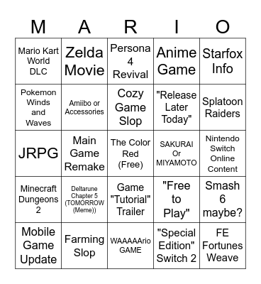 Nintendo Direct Bingo Card