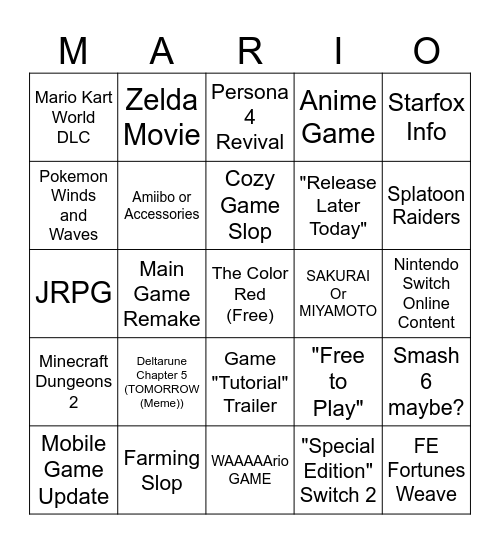 Nintendo Direct Bingo Card
