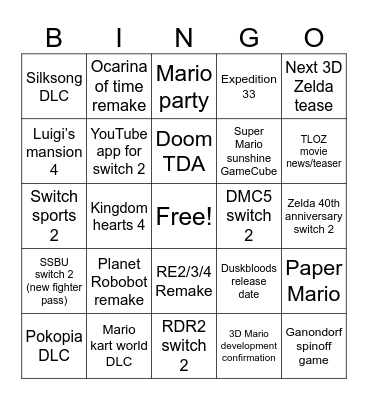 Nintendo Direct Bingo Card