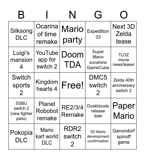 Nintendo Direct Bingo Card