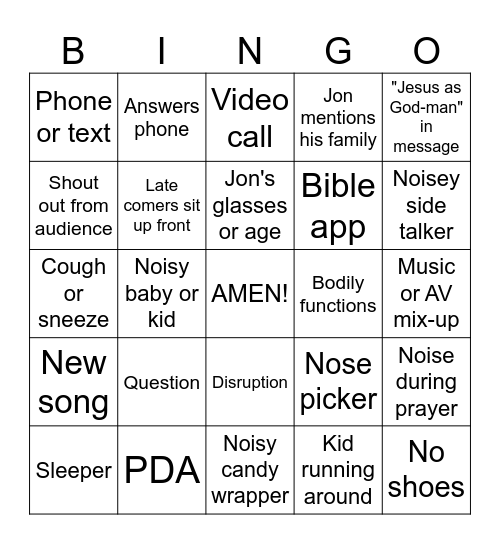Church Bingo Card