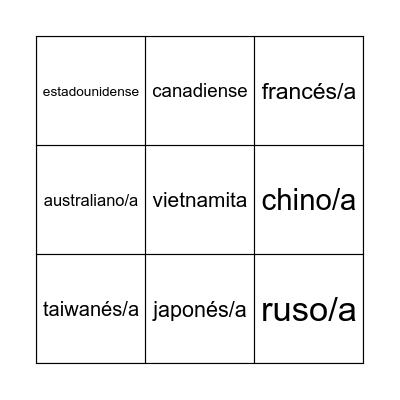 Nacionalidades Bingo Card
