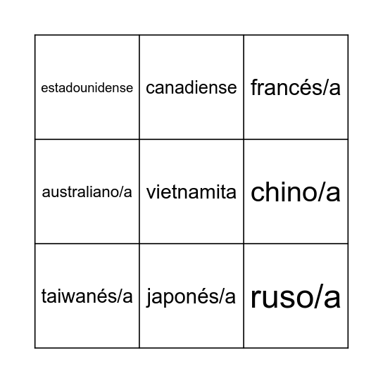 Nacionalidades Bingo Card