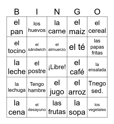Voc. Las comidas Bingo Card