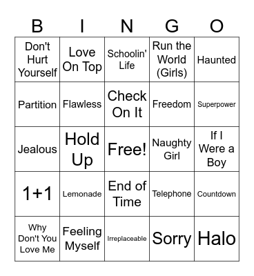 Beyonce Bingo Card