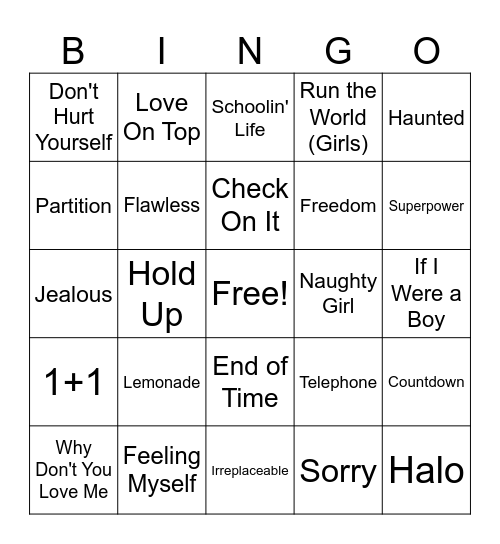 Beyonce Bingo Card