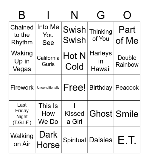 Katy Perry Bingo Card
