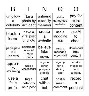 Internet Activities Bingo Card