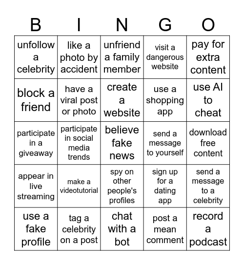 Internet Activities Bingo Card