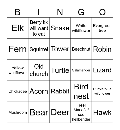 Great Smoky Mountains Bingo Card