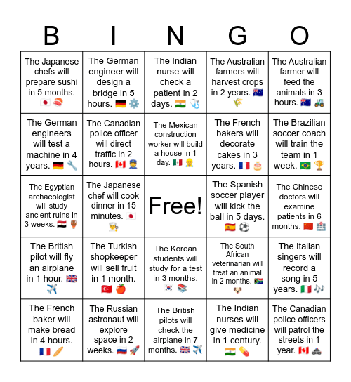 B12 L1 The Japanese chefs will prepare sushi in 5 months. 🇯🇵 🍣 Bingo Card
