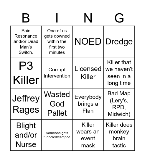 Dead by Daylight Survivor Bingo Card