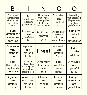 Gratitude BINGO Card