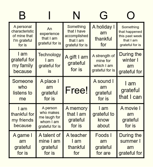 Gratitude BINGO Card