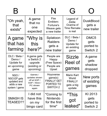 Nintendo Direct - June 2026 Bingo Card