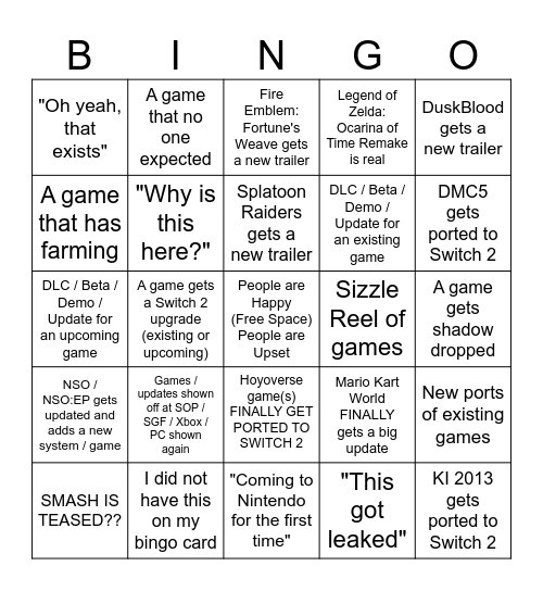 Nintendo Direct - June 2026 Bingo Card