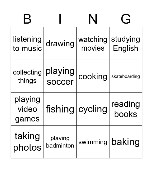 HOBBY Bingo Card