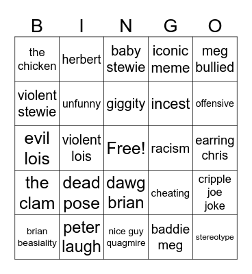 Family Guy Bingo Card