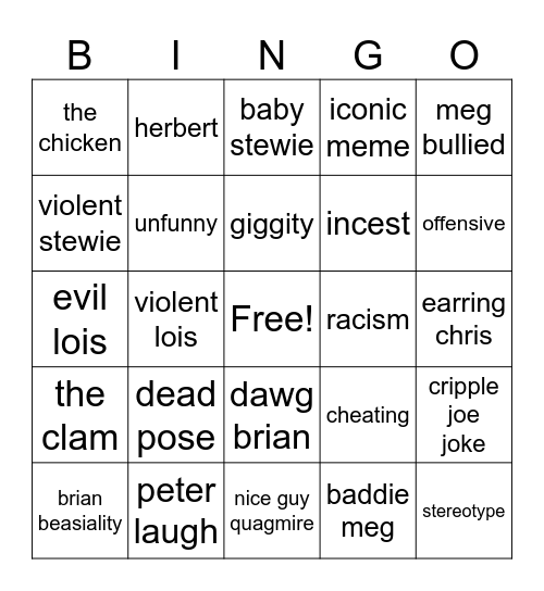 Family Guy Bingo Card