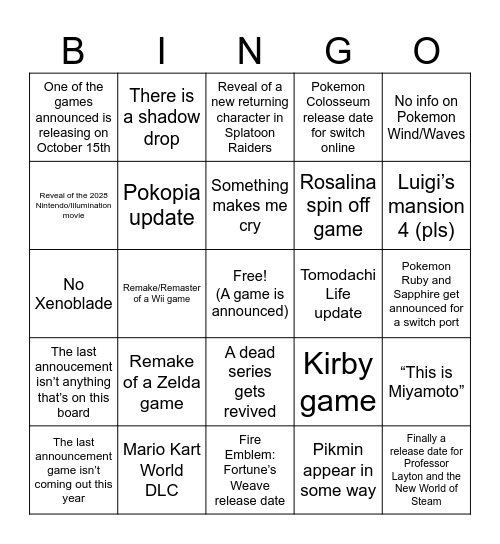 Next Nintendo Direct Bingo Card
