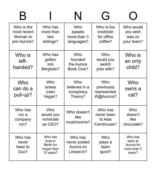 Women@Aurora Bingo Card