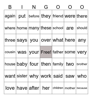 stage 1 sight words Bingo Card