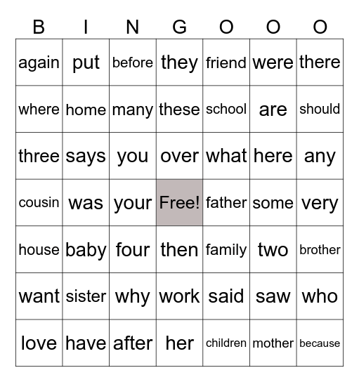 stage 1 sight words Bingo Card