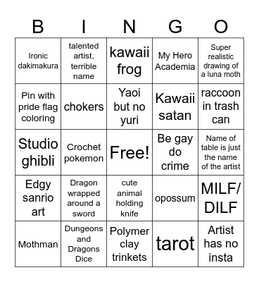 Artist Alley Bingo Card