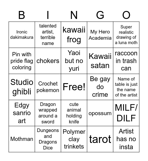 Artist Alley Bingo Card
