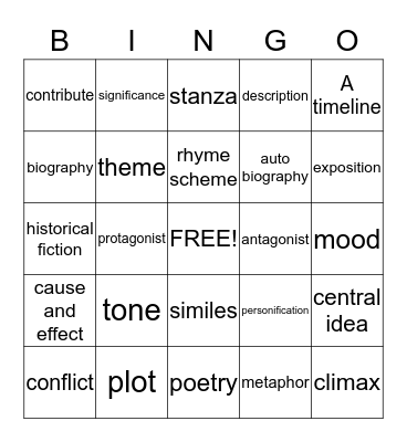 Reading Skills Bingo Card