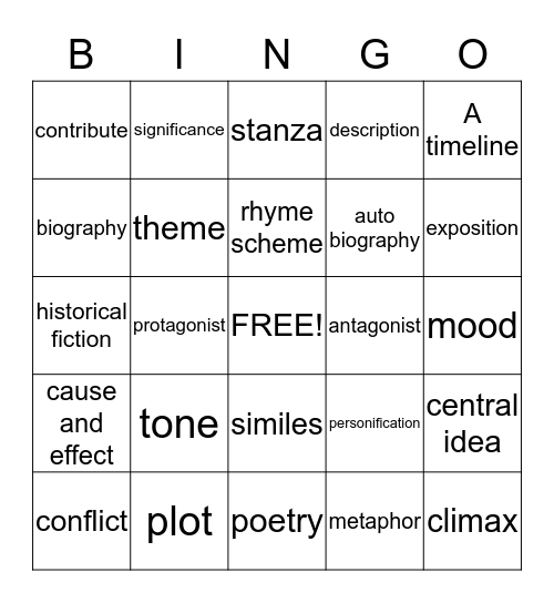 Reading Skills Bingo Card