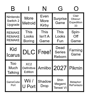 Nintendo Direct Bingo Card