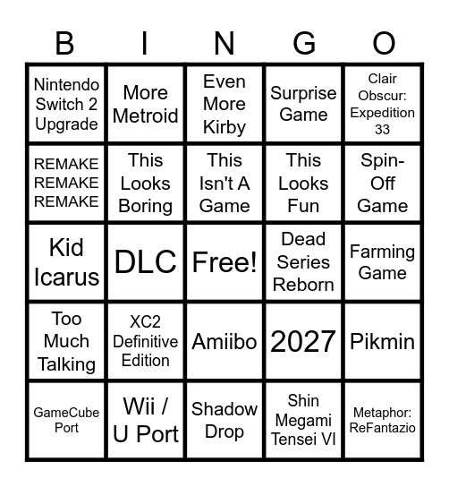 Nintendo Direct Bingo Card