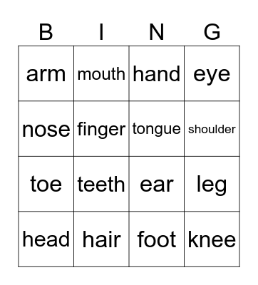MY BODY Bingo Card