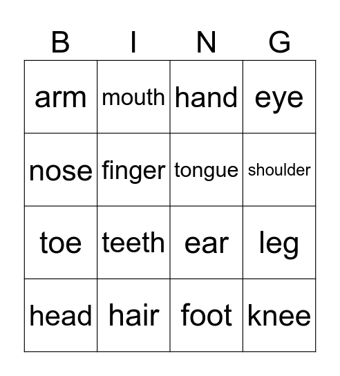 MY BODY Bingo Card