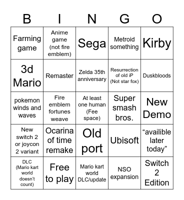 Nintendo direct June 2026 bingo Card