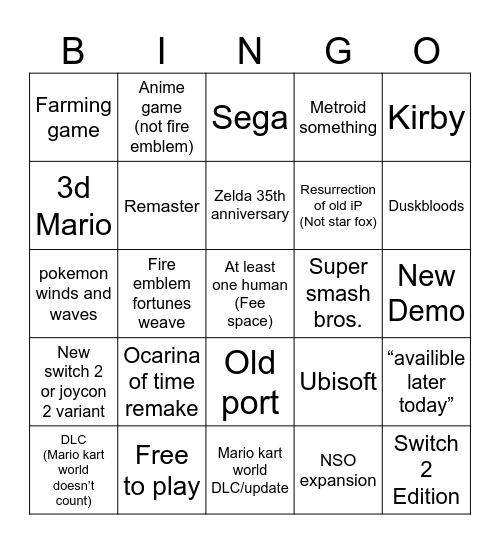 Nintendo direct June 2026 bingo Card